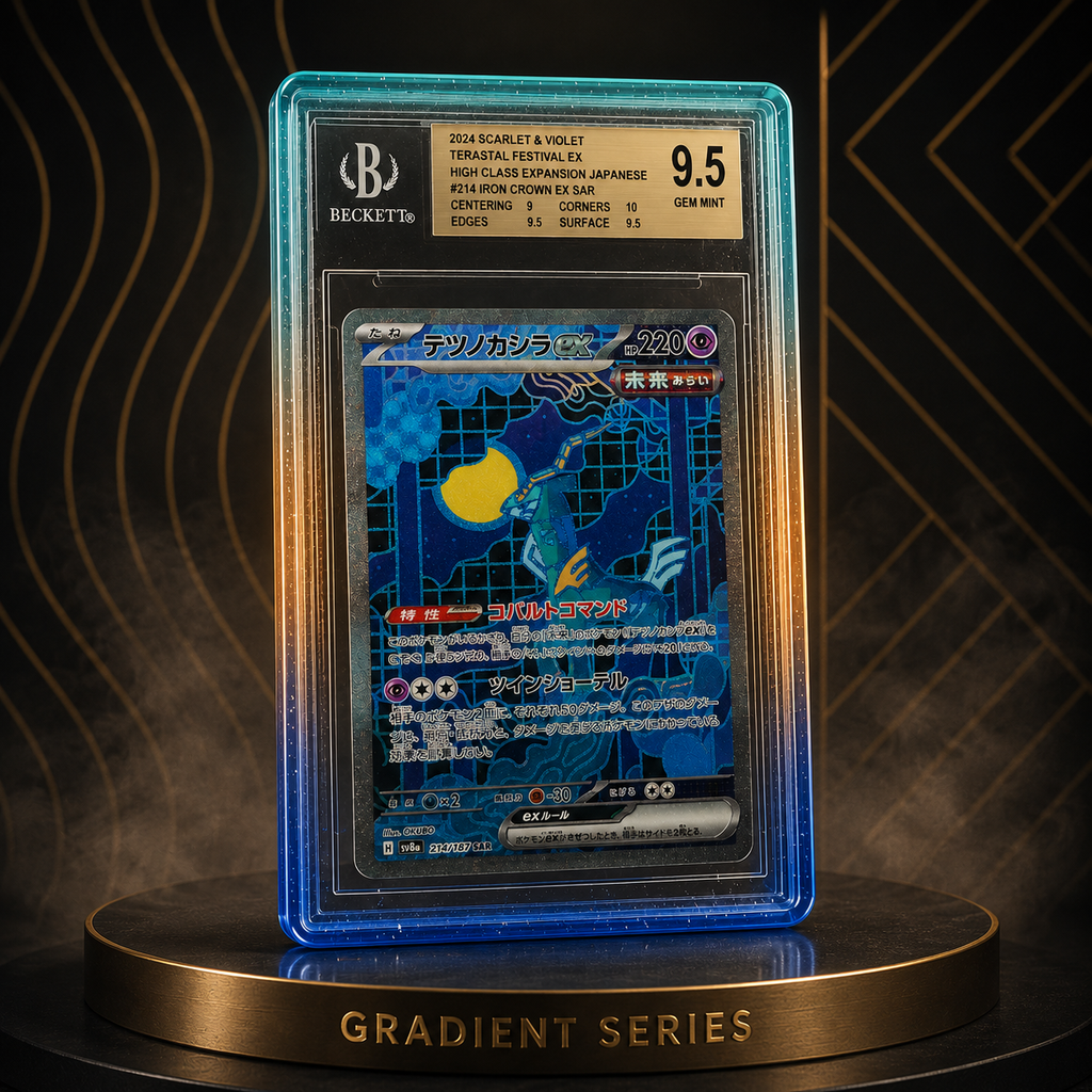 Trading card in a BGS Slab protective case on a gradient series display stand with a dark background