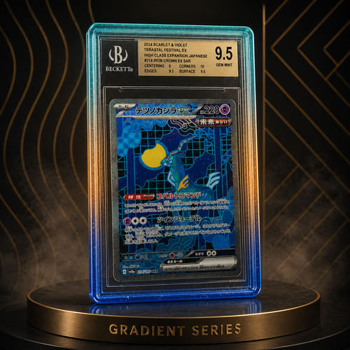 Trading card in a BGS Slab protective case on a gradient series display stand with a dark background