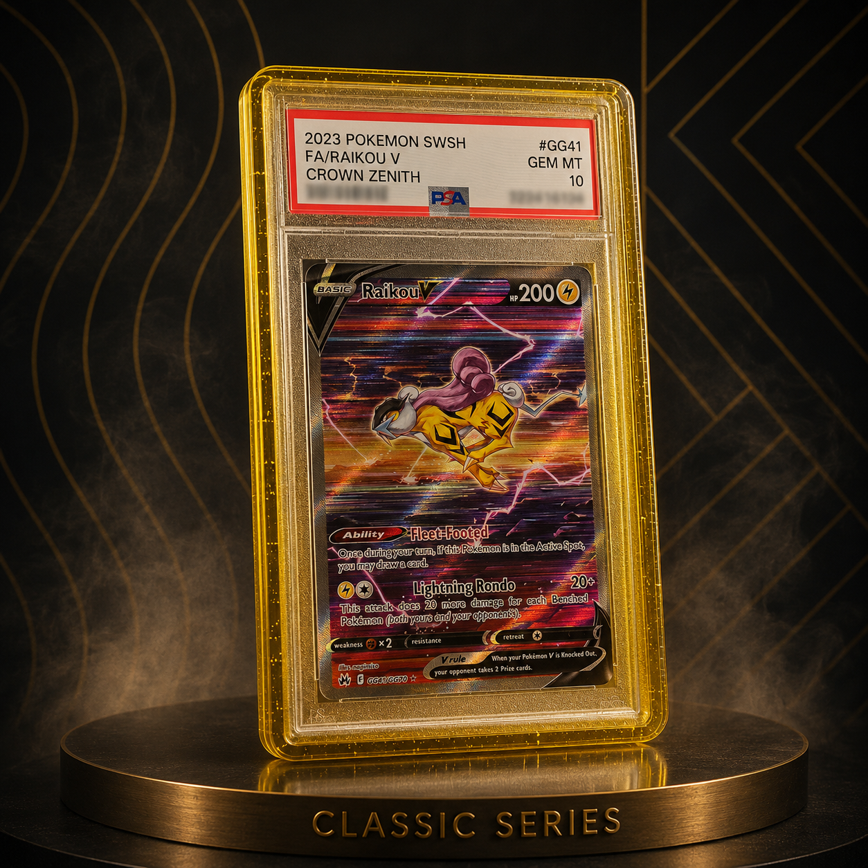 Pokémon trading card in a PSA Slab protective case on a dark background