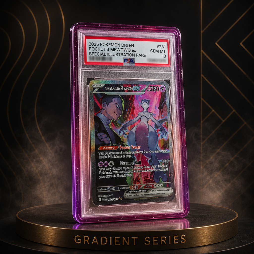 Pokémon trading card in a PSA graded slab protective case on a gradient series display